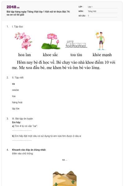 Bài tập hàng ngày Tiếng Việt lớp 1 Kết nối tri thức Bài 74: oa oe có lời giải