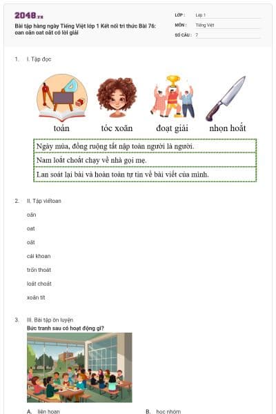 Bài tập hàng ngày Tiếng Việt lớp 1 Kết nối tri thức Bài 76: oan oăn oat oăt có lời giải