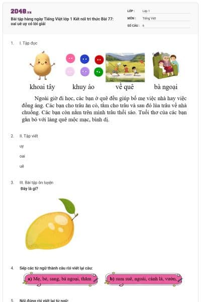 Bài tập hàng ngày Tiếng Việt lớp 1 Kết nối tri thức Bài 77: oai uê uy có lời giải