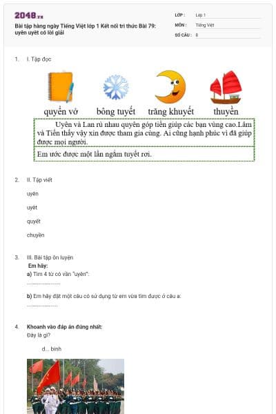 Bài tập hàng ngày Tiếng Việt lớp 1 Kết nối tri thức Bài 79: uyên uyêt có lời giải