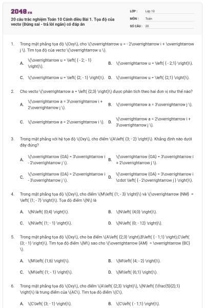 20 câu trắc nghiệm Toán 10 Cánh diều Bài 1. Tọa độ của vectơ (Đúng sai - trả lời ngắn) có đáp án