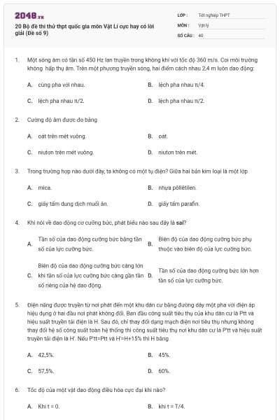 20 Bộ đề thi thử thpt quốc gia môn Vật Lí cực hay có lời giải (Đề số 9)