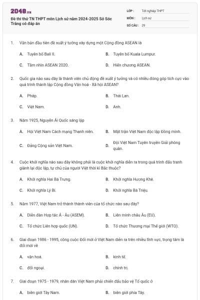 Đề thi thử TN THPT môn Lịch sử năm 2024-2025 Sở Sóc Trăng có đáp án