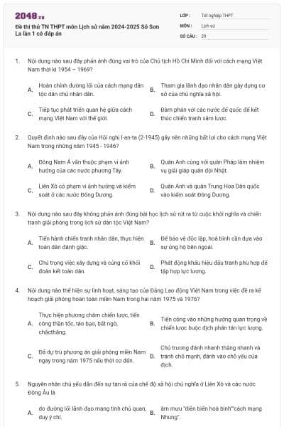Đề thi thử TN THPT môn Lịch sử năm 2024-2025 Sở Sơn La lần 1 có đáp án