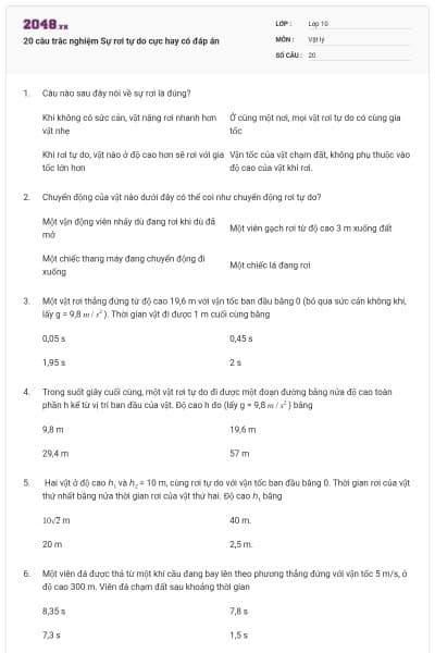 20 câu trắc nghiệm Sự rơi tự do cực hay có đáp án