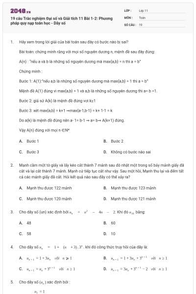19 câu Trắc nghiệm Đại số và Giải tích 11 Bài 1-2: Phương pháp quy nạp toán học - Dãy số
