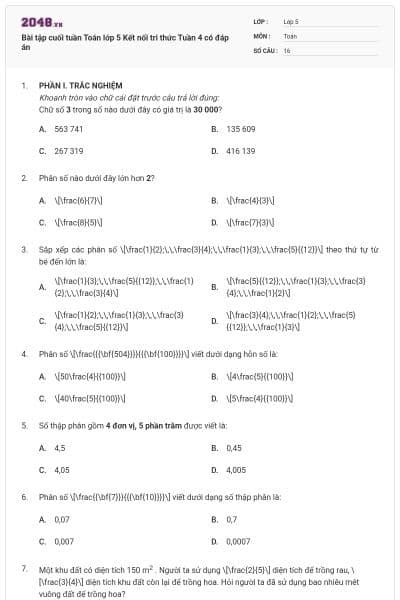 Bài tập cuối tuần Toán lớp 5 Kết nối tri thức Tuần 4 có đáp án