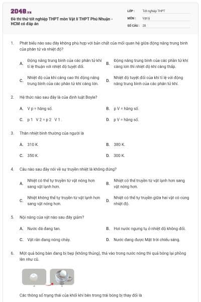 Đề thi thử tốt nghiệp THPT môn Vật lí THPT Phú Nhuận - HCM có đáp án