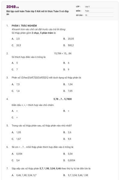 Bài tập cuối tuần Toán lớp 5 Kết nối tri thức Tuần 5 có đáp án