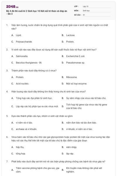 Bộ 4 đề thi cuối kì 2 Sinh học 10 Kết nối tri thức có đáp án - Đề 3