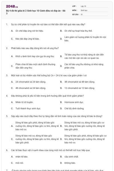 Bộ 4 đề thi giữa kì 2 Sinh học 10 Cánh diều có đáp án - Đề 3