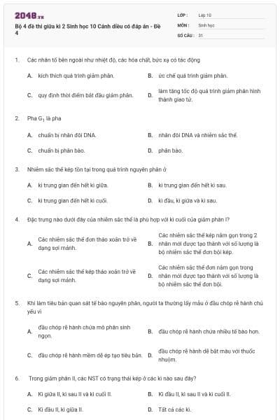 Bộ 4 đề thi giữa kì 2 Sinh học 10 Cánh diều có đáp án - Đề 4
