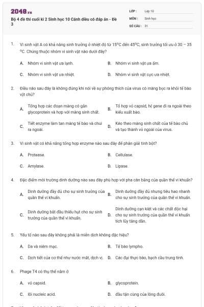 Bộ 4 đề thi cuối kì 2 Sinh học 10 Cánh diều có đáp án - Đề 3