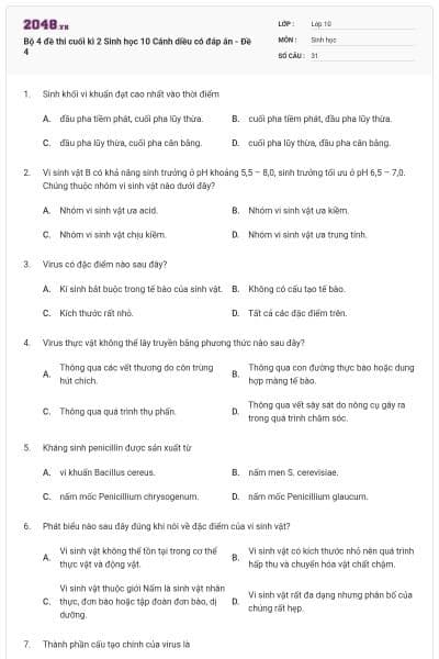 Bộ 4 đề thi cuối kì 2 Sinh học 10 Cánh diều có đáp án - Đề 4