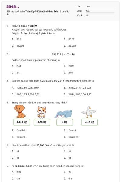 Bài tập cuối tuần Toán lớp 5 Kết nối tri thức Tuần 6 có đáp án