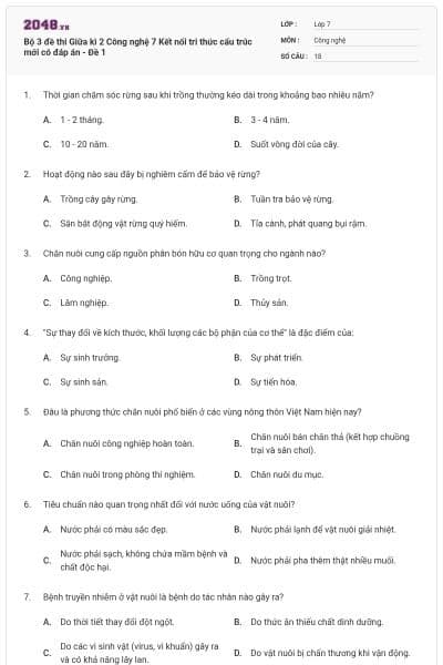 Bộ 3 đề thi Giữa kì 2 Công nghệ 7 Kết nối tri thức cấu trúc mới có đáp án - Đề 1