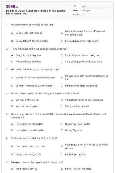 Bộ 3 đề thi Giữa kì 2 Công nghệ 7 Kết nối tri thức cấu trúc mới có đáp án - Đề 2