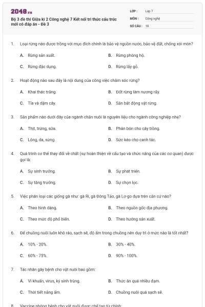 Bộ 3 đề thi Giữa kì 2 Công nghệ 7 Kết nối tri thức cấu trúc mới có đáp án - Đề 3