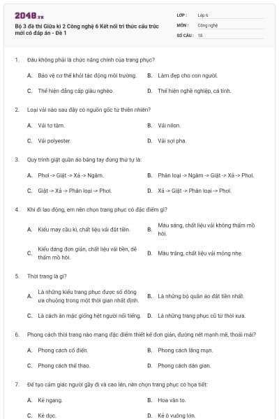Bộ 3 đề thi Giữa kì 2 Công nghệ 6 Kết nối tri thức cấu trúc mới có đáp án - Đề 1