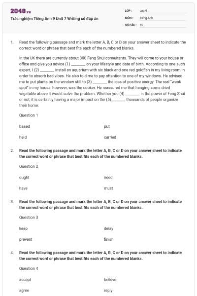 Trắc nghiệm Tiếng Anh 9 Unit 7 Writing có đáp án