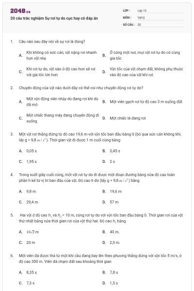 20 câu trắc nghiệm Sự rơi tự do cực hay có đáp án