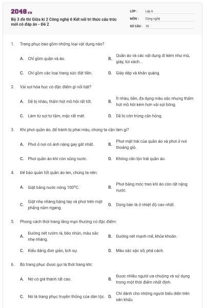 Bộ 3 đề thi Giữa kì 2 Công nghệ 6 Kết nối tri thức cấu trúc mới có đáp án - Đề 2