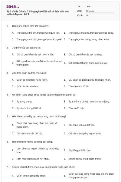 Bộ 3 đề thi Giữa kì 2 Công nghệ 6 Kết nối tri thức cấu trúc mới có đáp án - Đề 3