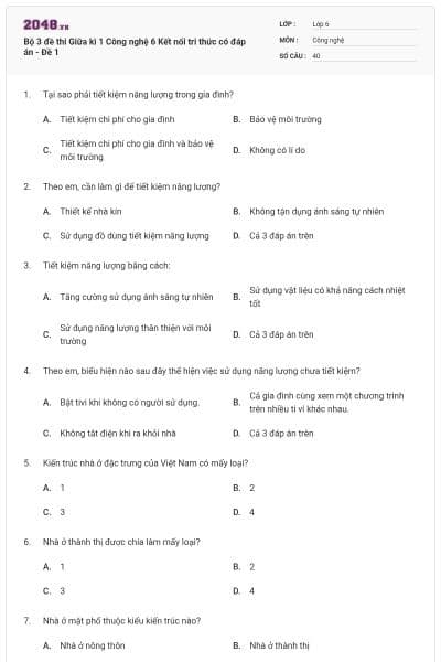 Bộ 3 đề thi Giữa kì 1 Công nghệ 6 Kết nối tri thức có đáp án - Đề 1