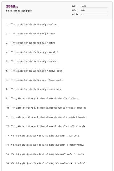 Bài 1: Hàm số lượng giác