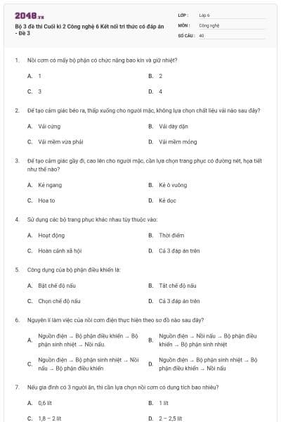 Bộ 3 đề thi Cuối kì 2 Công nghệ 6 Kết nối tri thức có đáp án - Đề 3