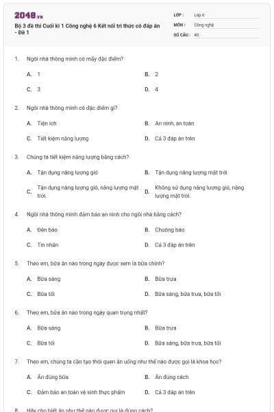 Bộ 3 đề thi Cuối kì 1 Công nghệ 6 Kết nối tri thức có đáp án - Đề 1