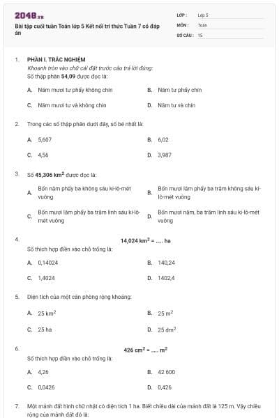 Bài tập cuối tuần Toán lớp 5 Kết nối tri thức Tuần 7 có đáp án