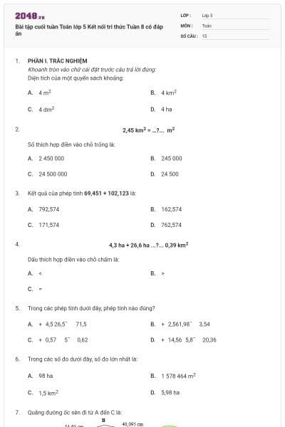 Bài tập cuối tuần Toán lớp 5 Kết nối tri thức Tuần 8 có đáp án