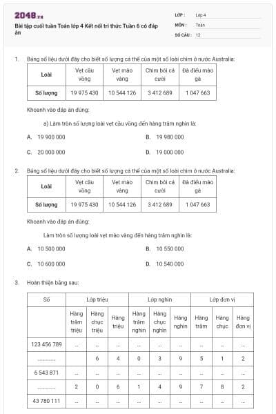 Bài tập cuối tuần Toán lớp 4 Kết nối tri thức Tuần 6 có đáp án