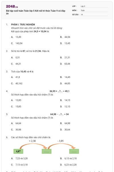 Bài tập cuối tuần Toán lớp 5 Kết nối tri thức Tuần 9  có đáp án