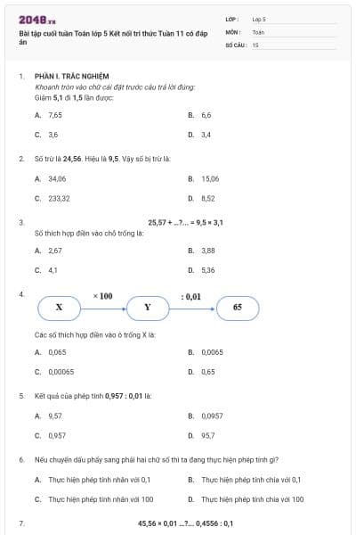 Bài tập cuối tuần Toán lớp 5 Kết nối tri thức Tuần 11 có đáp án