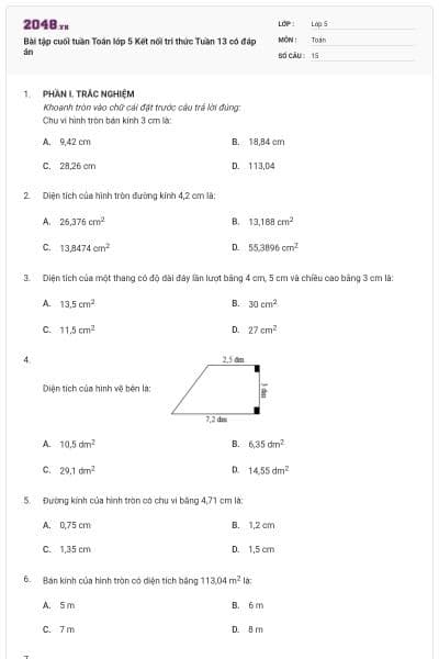 Bài tập cuối tuần Toán lớp 5 Kết nối tri thức Tuần 13 có đáp án