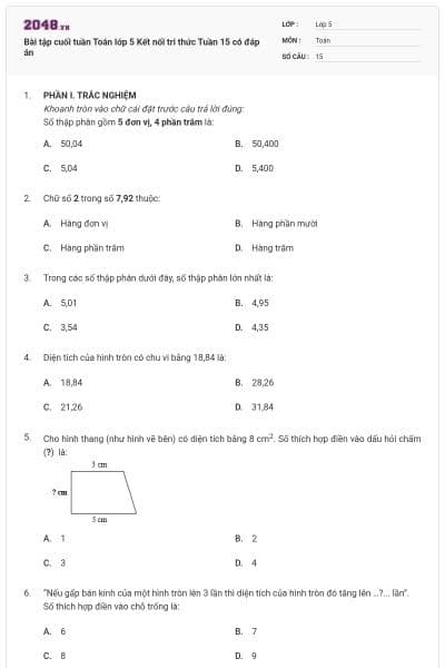 Bài tập cuối tuần Toán lớp 5 Kết nối tri thức Tuần 15 có đáp án