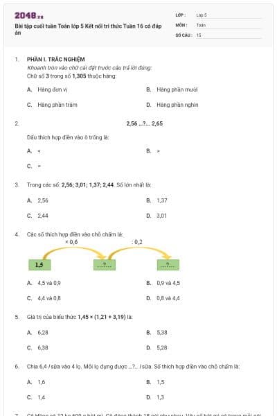 Bài tập cuối tuần Toán lớp 5 Kết nối tri thức Tuần 16 có đáp án