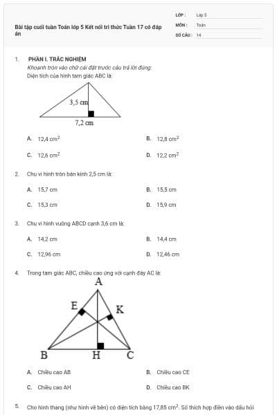 Bài tập cuối tuần Toán lớp 5 Kết nối tri thức Tuần 17 có đáp án