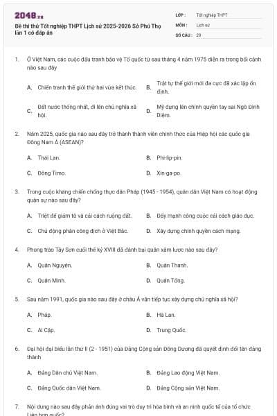 Đề thi thử Tốt nghiệp THPT Lịch sử 2025-2026 Sở Phú Thọ lần 1 có đáp án