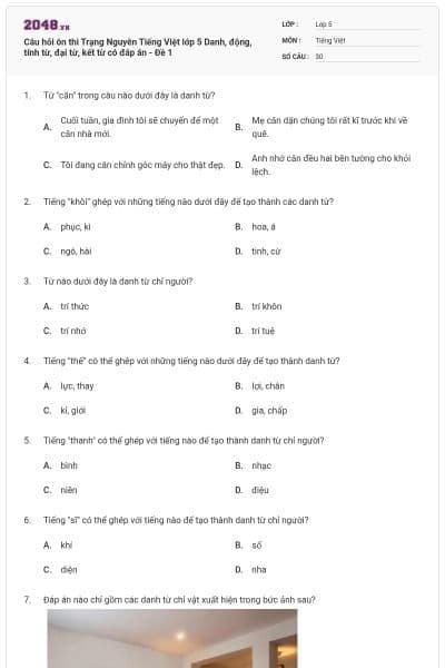 Câu hỏi ôn thi Trạng Nguyên Tiếng Việt lớp 5 Danh, động, tính từ, đại từ, kết từ có đáp án - Đề 1