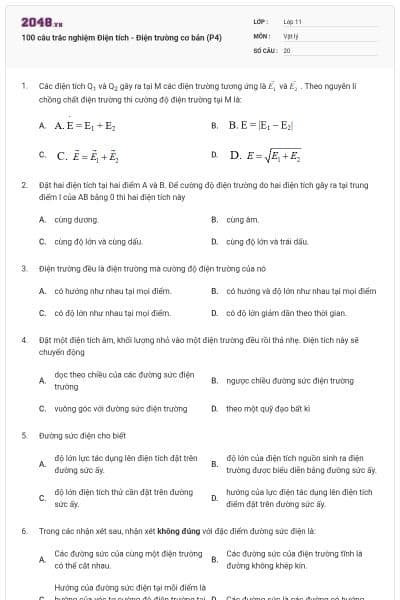 100 câu trắc nghiệm Điện tích - Điện trường cơ bản (P4)
