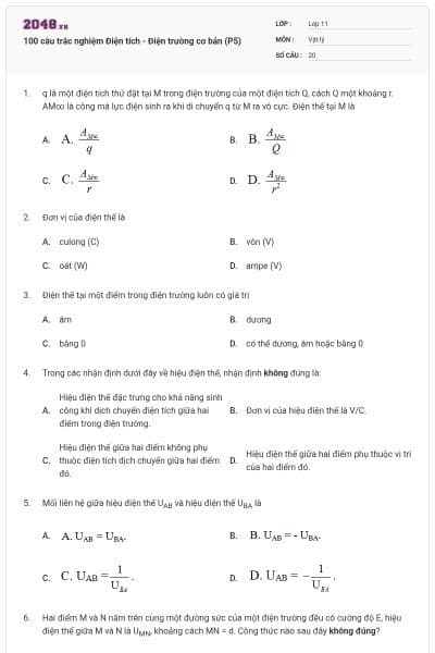 100 câu trắc nghiệm Điện tích - Điện trường cơ bản (P5)