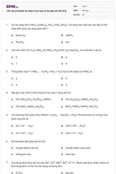 125 câu lý thuyết Sự điện li cực hay có lời giải chi tiết (P3)