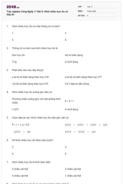 Trắc nghiệm Công Nghệ 11 Bài 5: Hình chiếu trục đo có đáp án