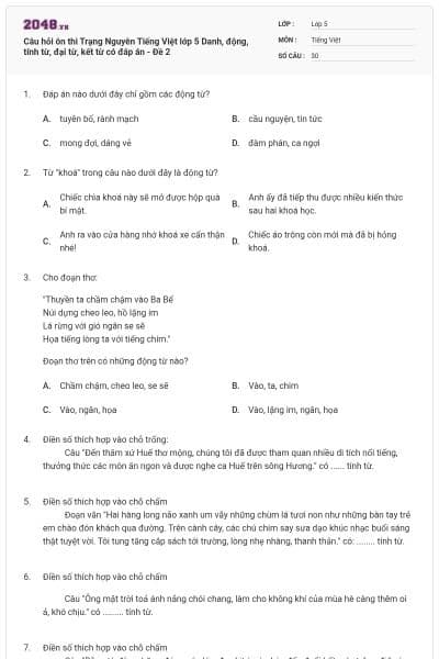 Câu hỏi ôn thi Trạng Nguyên Tiếng Việt lớp 5 Danh, động, tính từ, đại từ, kết từ có đáp án - Đề 2