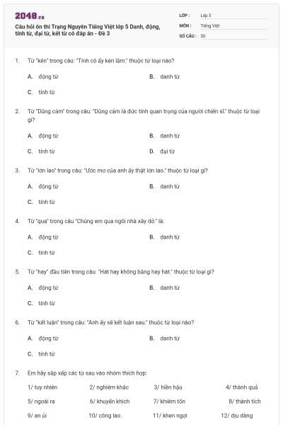 Câu hỏi ôn thi Trạng Nguyên Tiếng Việt lớp 5 Danh, động, tính từ, đại từ, kết từ có đáp án - Đề 3