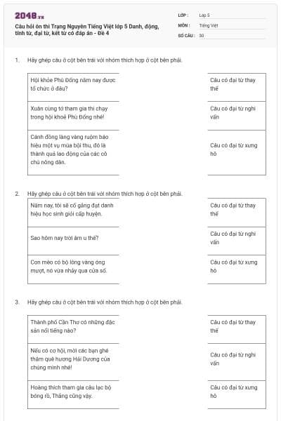 Câu hỏi ôn thi Trạng Nguyên Tiếng Việt lớp 5 Danh, động, tính từ, đại từ, kết từ có đáp án - Đề 4