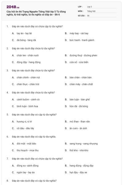 Câu hỏi ôn thi Trạng Nguyên Tiếng Việt lớp 5 Từ đồng nghĩa, từ trái nghĩa, từ đa nghĩa có đáp án - Đề 6
